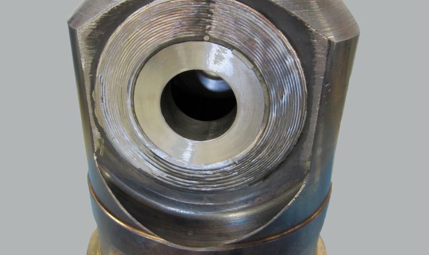 Alloy welding on a valve body (Stellite).